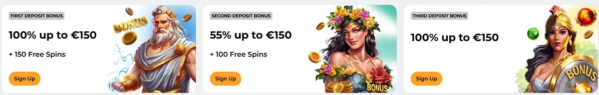Three casino bonus cards showing first deposit 100% up to €150 + 150 free spins, second deposit 55% up to €150 + 100 free spins, and third deposit 100% up to €150, each with a “Sign Up” button and illustrated characters.