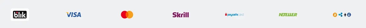 Payment methods banner on a light background showing Blik, Visa, Mastercard, Skrill, paysafecard, Neteller, and cryptocurrency icons (Bitcoin, Ripple, Litecoin).