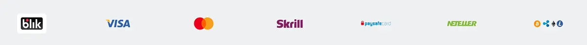 Payment methods banner on a light background showing Blik, Visa, Mastercard, Skrill, paysafecard, Neteller, and cryptocurrency icons (Bitcoin, Ripple, Litecoin).