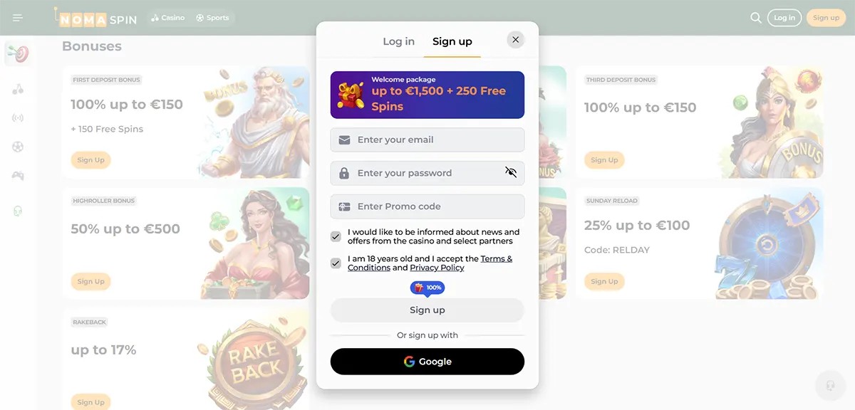 NomaSpin casino bonuses page with a sign-up pop-up showing a welcome package (up to €1,500 + 250 free spins), email/password and promo code fields, consent checkboxes, and a Google sign-up button.