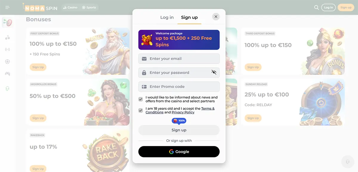 NomaSpin casino bonuses page with a sign-up pop-up showing a welcome package (up to €1,500 + 250 free spins), email/password and promo code fields, consent checkboxes, and a Google sign-up button.